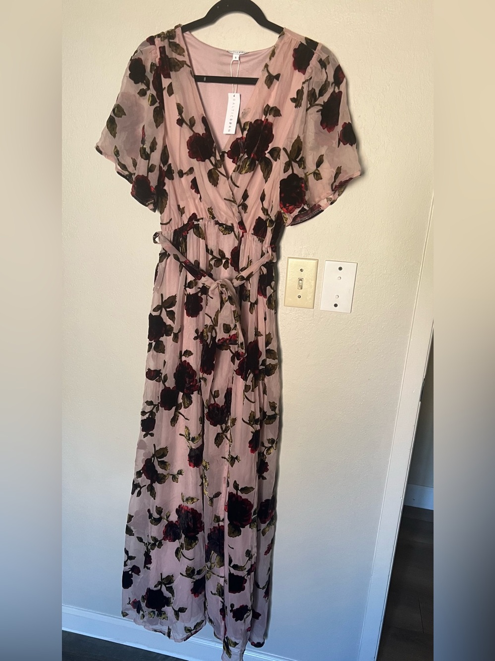 NWT Baltic Born Womens Small Blush Velvet Floral Burnout Rose Wrap Maxi Dress